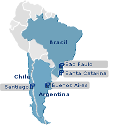 Mapa Amrica del sur con ubicación de Panimex en Chile,  Argentina y Brasil